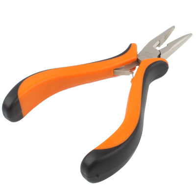 Pointed nose pliers with long tapered jaws and orange/black molded handles