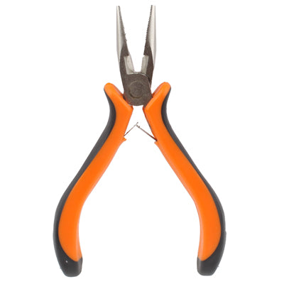 Pointed nose pliers with narrow needle jaws, orange grips and black rubber ends