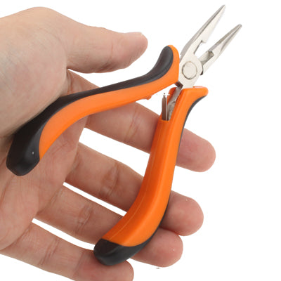 Pointed nose pliers held in hand, orange handles with long needle tips