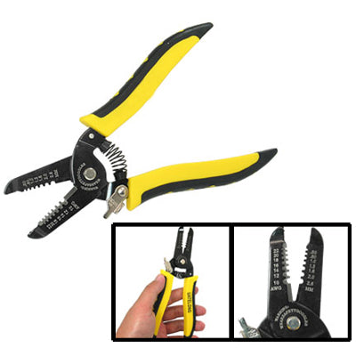 Wire stripping cutting pliers tool with yellow grips and dual serrated jaws