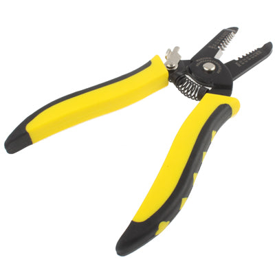 Wire stripping pliers with yellow-and-black handles and exposed metal jaw teeth