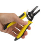 Hand holding wire stripping and cutting pliers with yellow-and-black handles