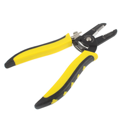 Wire stripping pliers with black jaw heads and yellow handles, side view