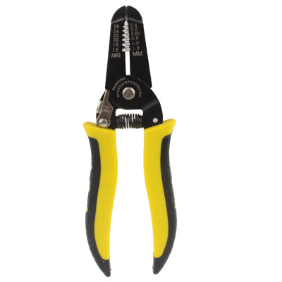 Wire stripping and cutting pliers with marked black jaws and yellow handles
