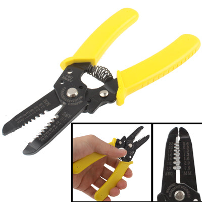 Wire stripper cutter pliers with yellow handles and black serrated jaws, spring pivot.