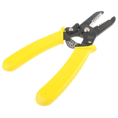 Wire stripper cutter pliers shown side view, yellow handles and metal spring near jaws.