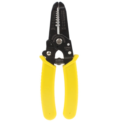 Wire stripper pliers end view with black gauge scale plate and yellow insulated grips.