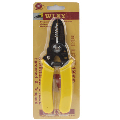 Wlxy wire stripper cutter pliers in blister package, yellow handles and black body.