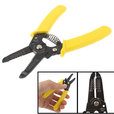 Precision wire stripper and cutter pliers with yellow handles, black jaws