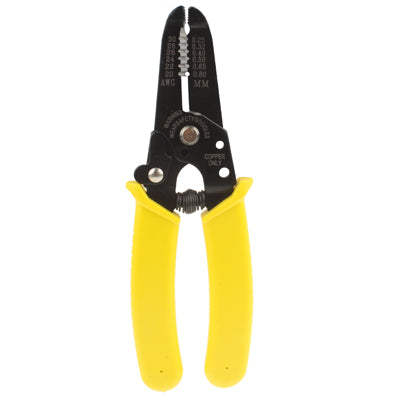 Front view wire stripper pliers with black selector scale and yellow handles