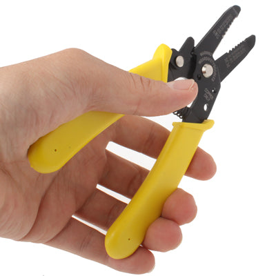 Wire stripper cutter pliers held in hand; yellow grips and black jaws