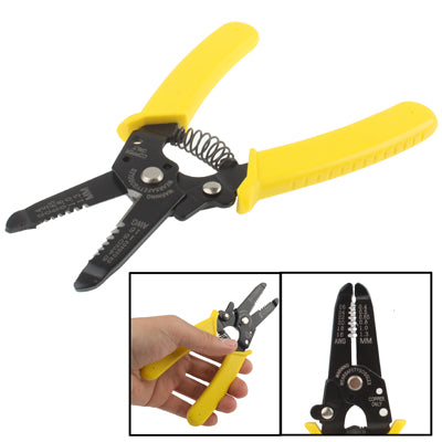 Wire stripper cutter pliers angled view with yellow handles and black jaw markings