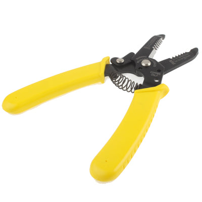 Wire stripper cutter pliers close-up showing yellow handles and black cutting teeth