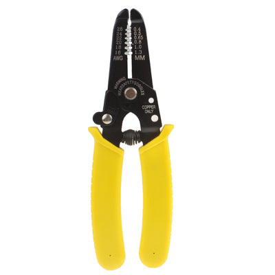 Wire stripper pliers with gauge chart on black head and yellow grips