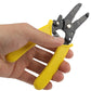 Wire stripper cutter pliers held in hand with yellow handles and black jaws