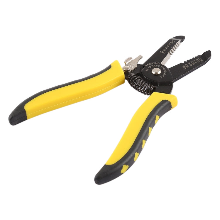 Wire stripper cutter pliers, yellow grips with black textured jaw and spring