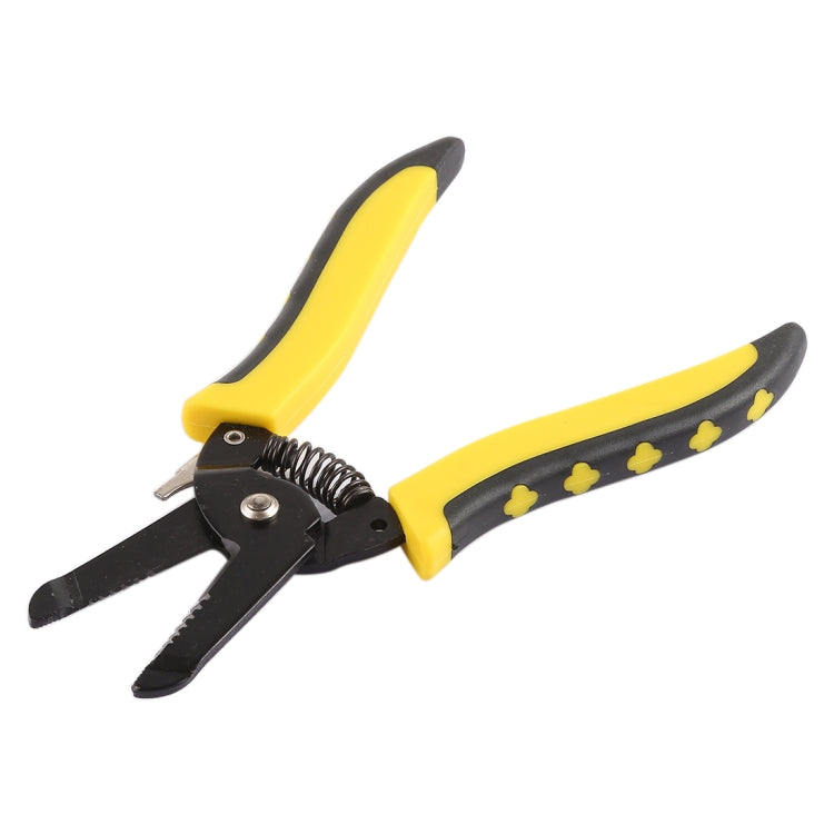 Wire stripping cutter pliers with yellow and black handles and crimping jaws