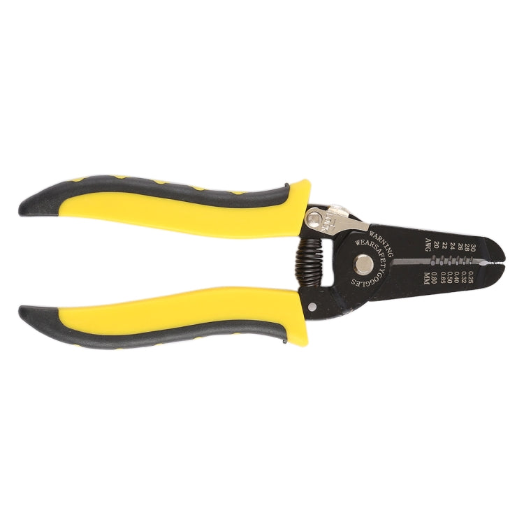 Wire stripper pliers with long yellow handles and black nonslip finger grips