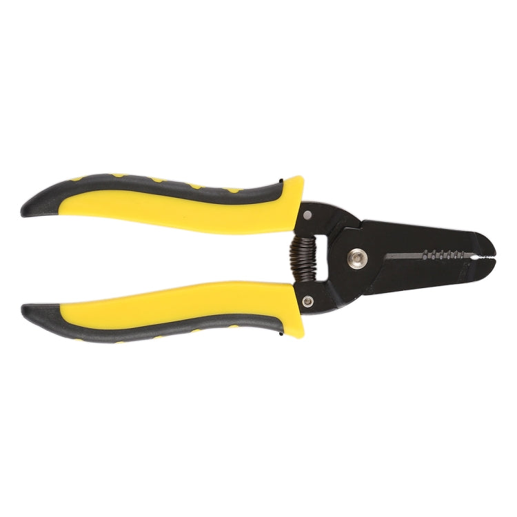 Wire stripper cutter pliers side view, yellow grips and black cutting jaws