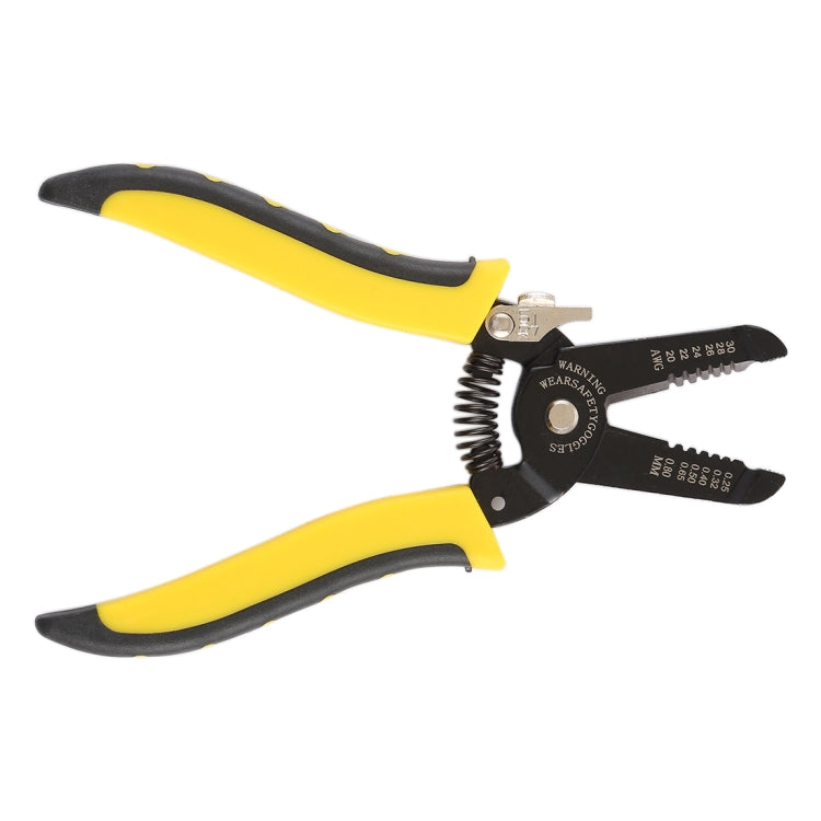Wire stripper cutter pliers with yellow handles and visible spring mechanism