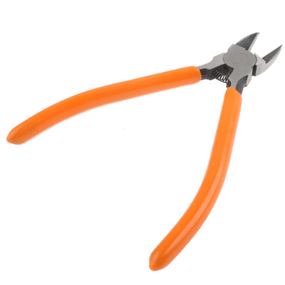 Mini diagonal cutting pliers showing orange handles and pointed silver jaws