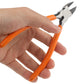 Mini diagonal cutting pliers held in hand; orange handles with silver jaws