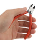 Plastic nippers held in hand with red grips and angled flat cutting jaws