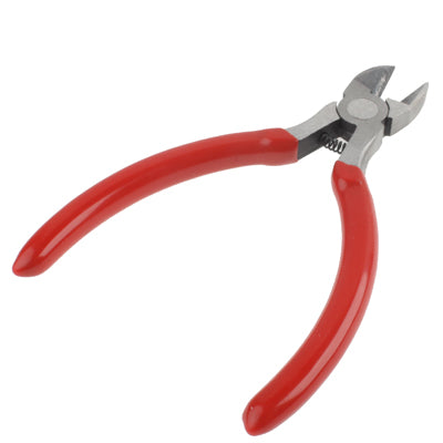 Side view of 5-inch diagonal cutting pliers with red handles and angled jaws