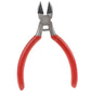 Front view of 5-inch diagonal cutting pliers with pointed steel jaws and red grips