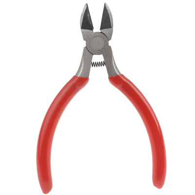 Front view of 5-inch diagonal cutting pliers with pointed steel jaws and red grips