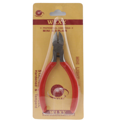 Mini diagonal cutting pliers on retail blister card with red handles