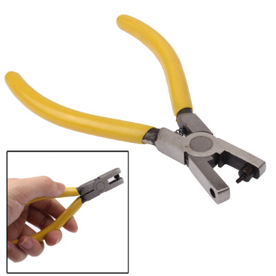 Punch pliers tool with yellow handles and gray steel punch head, hand inset
