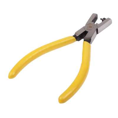 Punch pliers with curved yellow handles and gray punch head