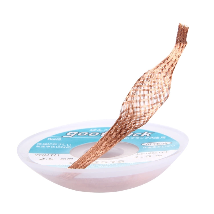 2.5mm copper soldering wick strand extending from Goot Wick spool