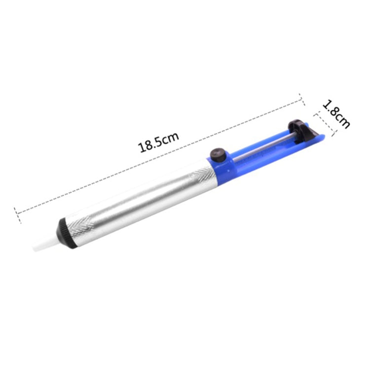 Aluminum desoldering pump with blue cap and black control, silver barrel, white tip
