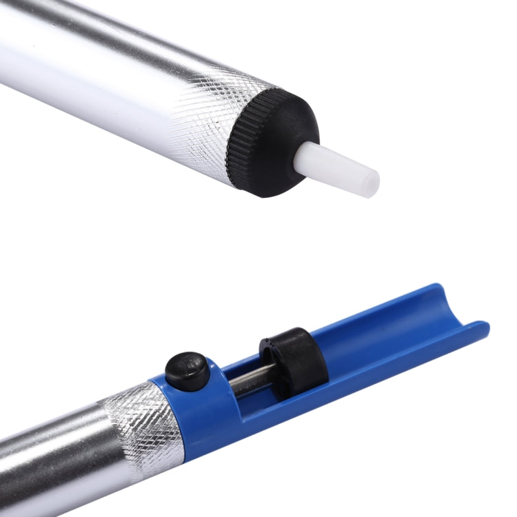 Desoldering pump tip with blue trigger housing on silver body and white suction nozzle
