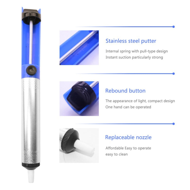 Desoldering pump with blue push button, silver body, and replaceable white nozzle