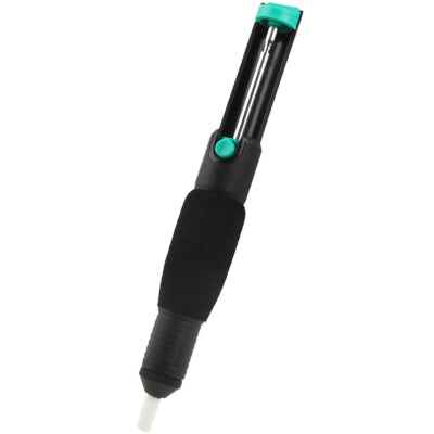 Handheld desoldering pump with extended metal tube and teal top button on black body