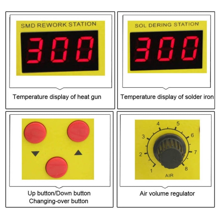 LED temperature displays and air volume regulator on solder rework station