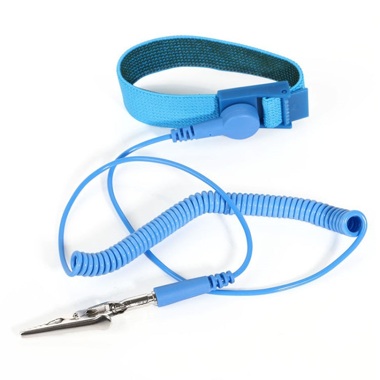 Blue anti-static wrist strap with elastic band and coiled grounding cable, metal clip end