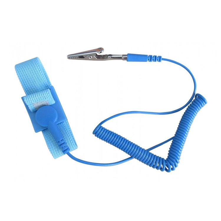 Blue ESD wrist strap with adjustable fabric band and coiled grounding wire with clip