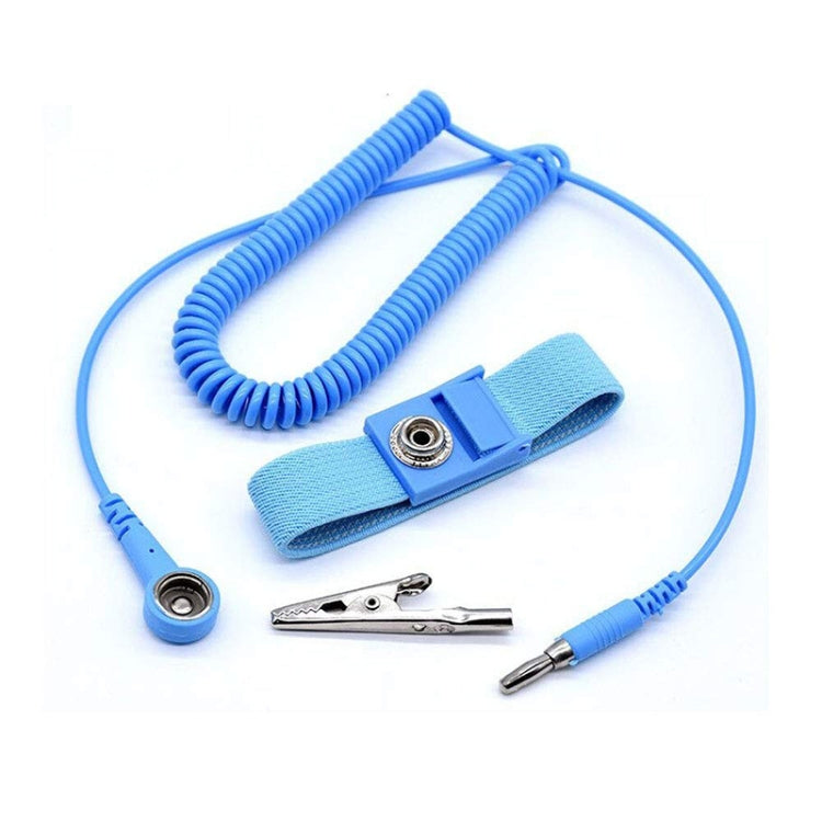 Blue wrist strap and coiled grounding cord set with metal snap connector and clip