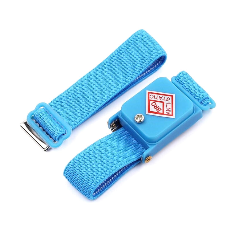 Blue elastic wireless ESD wrist strap with adjustable clasp and metal grounding tab