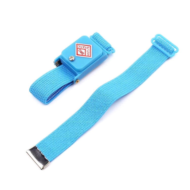 Blue elastic ESD wrist strap with metal grounding tab and blue discharge module