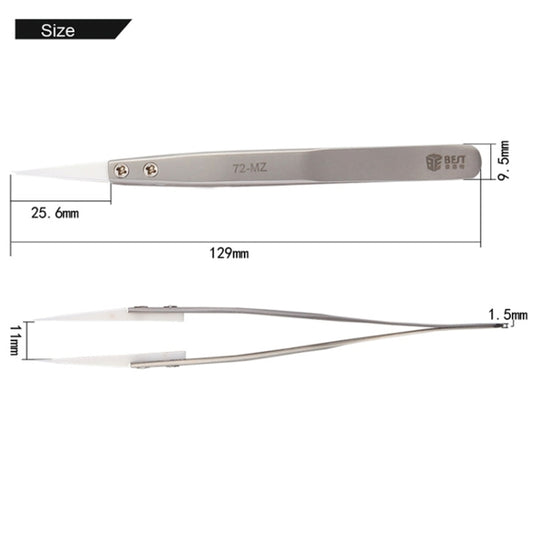 Stainless steel ceramic-tip tweezers, 129mm long; size measurements shown