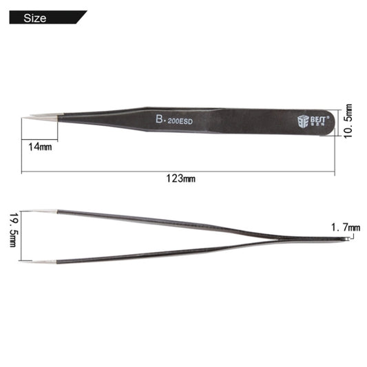 ESD tweezers with 123mm length; 14mm tip width; 10.5mm height; 1.7mm thickness