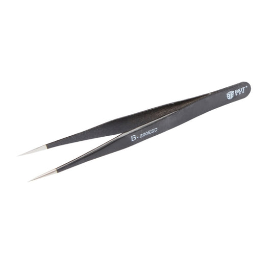 Anti-static stainless steel tweezers with fine pointed tips and black ESD coating