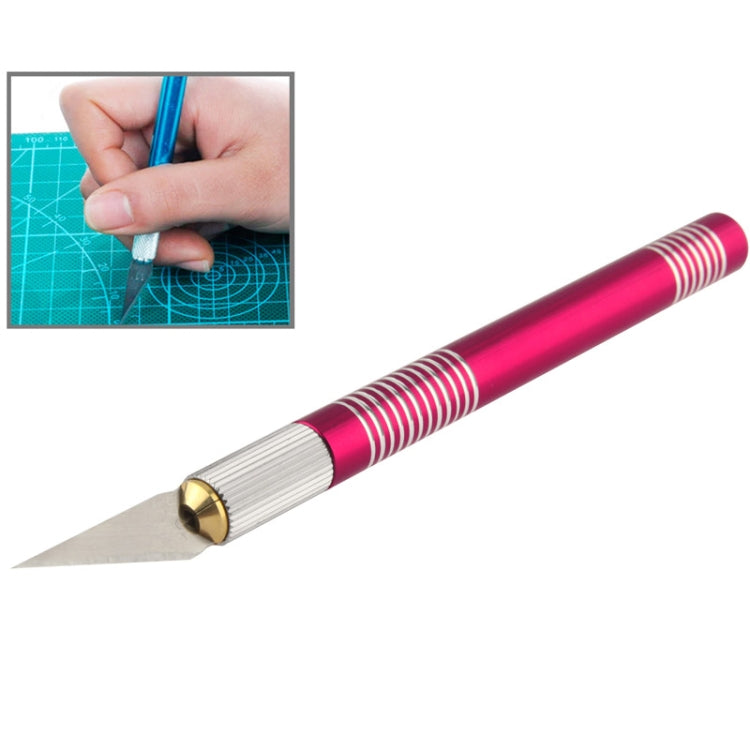 Precision craft knife with replaceable blade, magenta/red striped handle