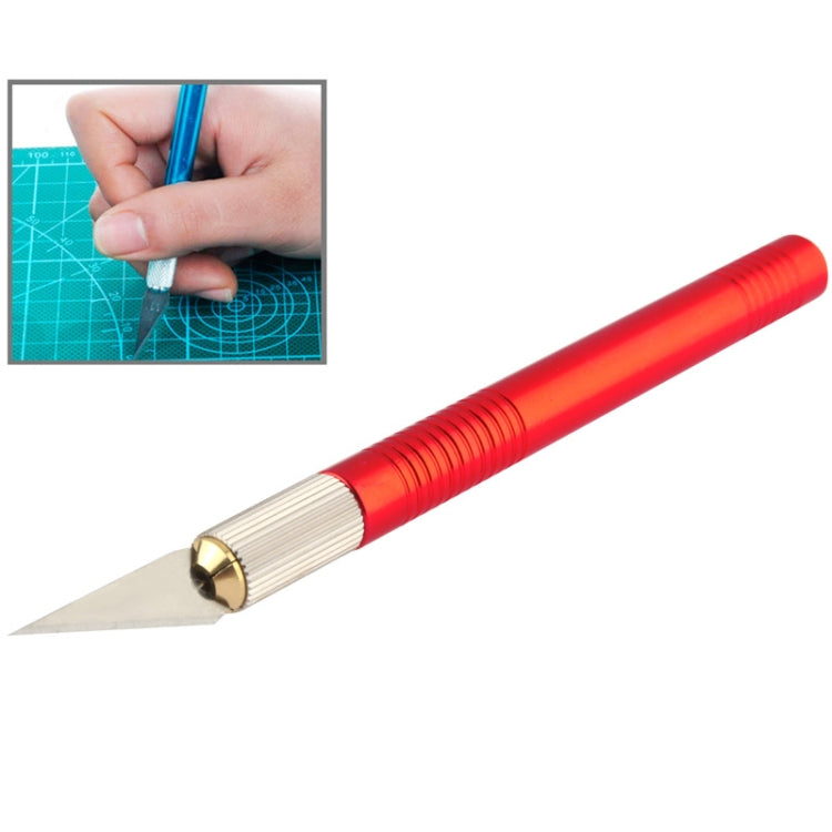 Precision craft knife with replaceable blade, red striped handle