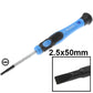 Straight screwdriver 2.5x50mm, blue handle with black textured grip and metal shaft